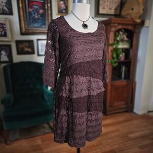 Wrangler Womens Tiered Lace Dress Burgundy 3/4 Sleeve Scoop Neck Cowgirl Western